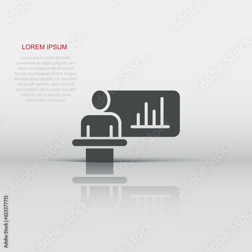 People on podium icon in flat style. Speaker vector illustration on white isolated background. Audience orator business concept.