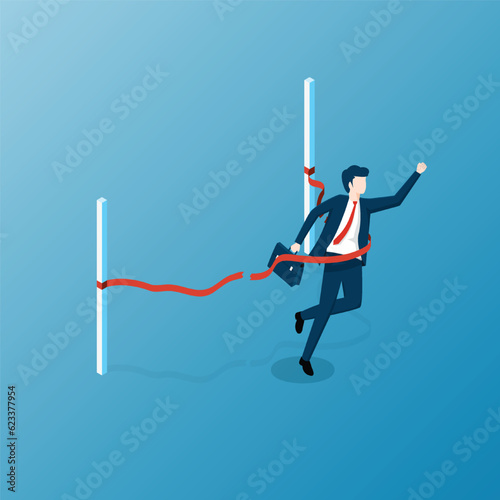 Isometric Business Success Concept. Businessman crossing the finish line with red ribbon. illustrator vector.