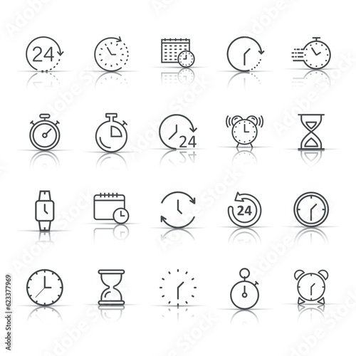 Time icon set in flat style. Agenda clock vector illustration on white isolated background. Sandglass, wristwatch timer business concept.