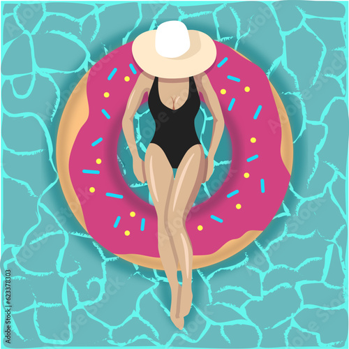 Young woman in bikini swimsuit sunbathing on inflatable circle at pool or in sea or ocean water, flat cartoon. Vector top view of lying suntanning girl, summer holidays
