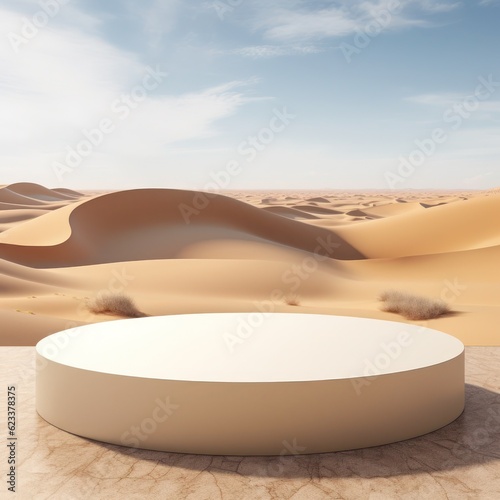 white circular podium in the middle of a desert landscape with sand dunes and a clear blue sky in the background, created by Generative AI
