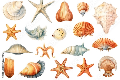 Watercolor sea creatures clip art on white background Generative AI