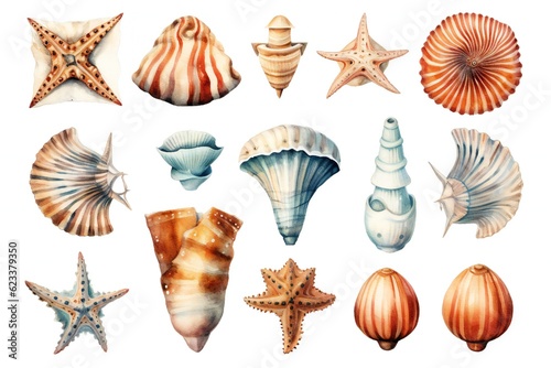 Watercolor sea creatures clip art on white background Generative AI