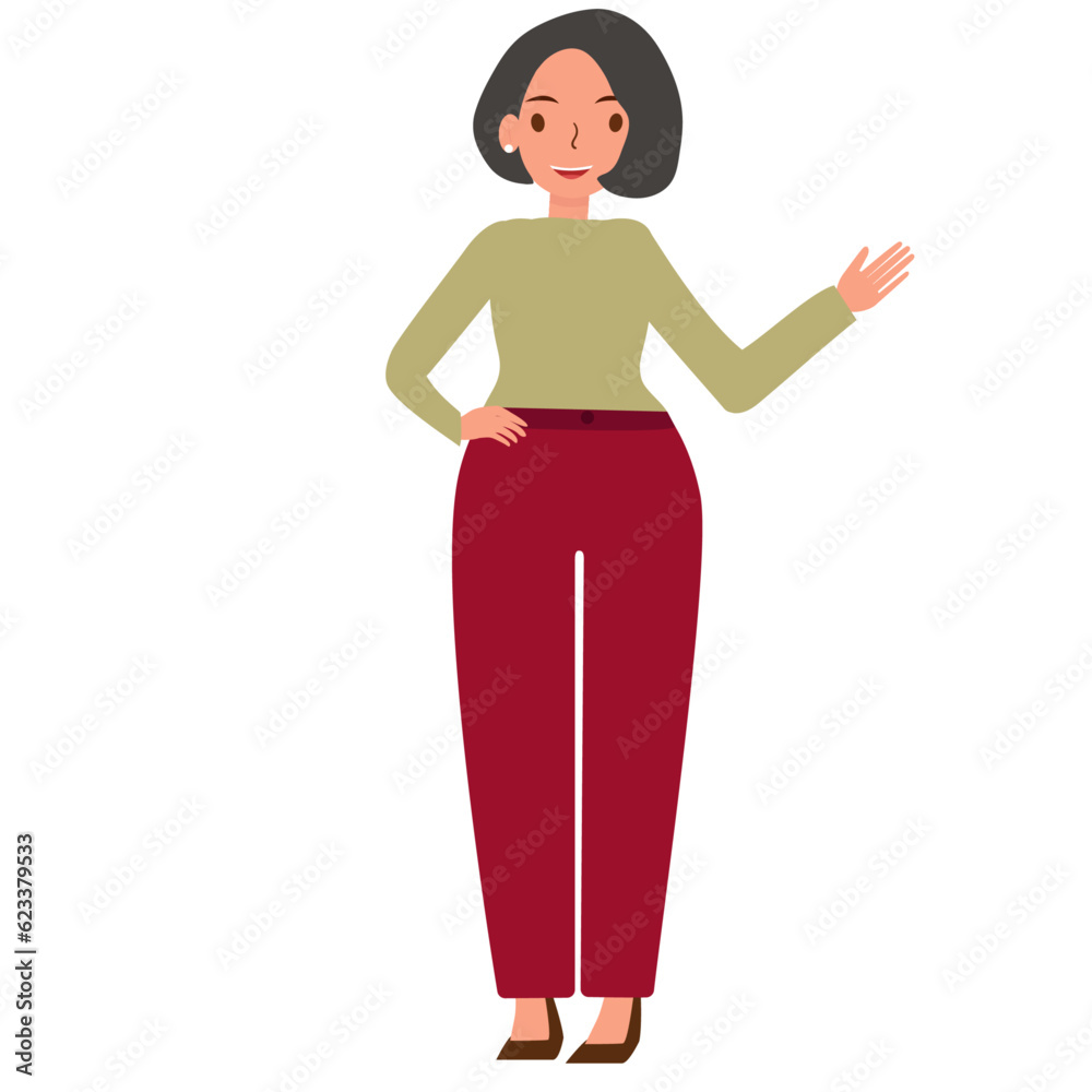 Fototapeta premium Modern beautiful young businesswoman pointing and showing something with hand. Confident businesswoman explaining and presenting something. Flat vector cartoon illustration isolated on white