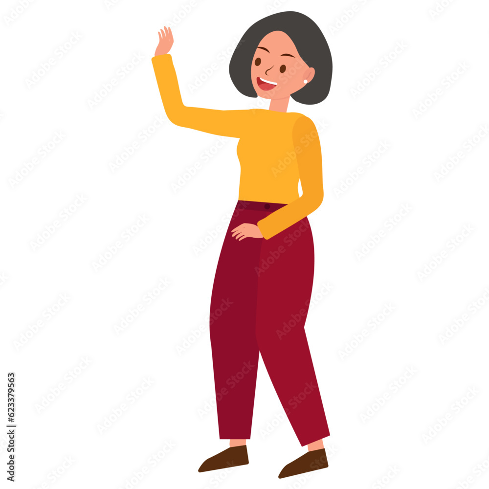 Modern young white skin businesswoman is waving hand. Smiley black girl in casual clothes makes a greeting gesture. Flat vector cartoon illustration isolated on white background Modern young white skin businesswoman is waving hand. Smiley black girl in casual clothes makes a greeting gesture. Flat vector cartoon illustration isolated on white background