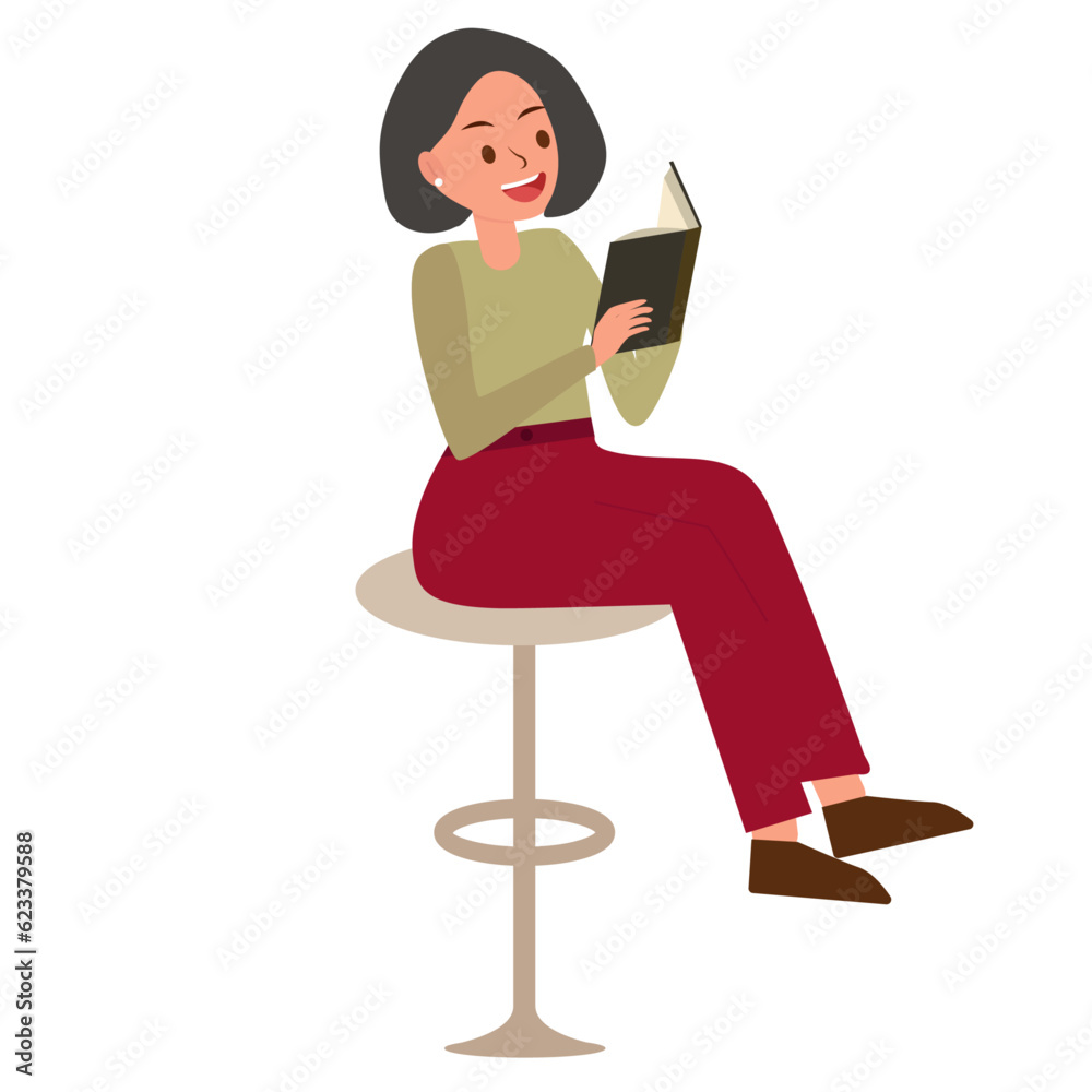 beautiful young business woman reading a book sitting on a chair. Business goal achievement, career growth and development. Flat colorful vector illustration beautiful young business woman reading a book sitting on a chair. Business goal achievement, career growth and development. Flat colorful vector illustration