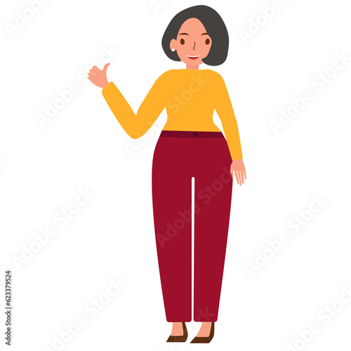 Modern beautiful young businesswoman is showing thumbs up. Smiley  girl makes a greeting gesture. Flat vector cartoon illustration isolated on white background. Vector Illustration 