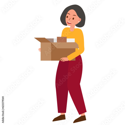 Sad  young Businesswoman is leaving office workplace and holding resignation document and packing personal company on brown cardboard box changing work, resign, Job loss concept. Vector illustration