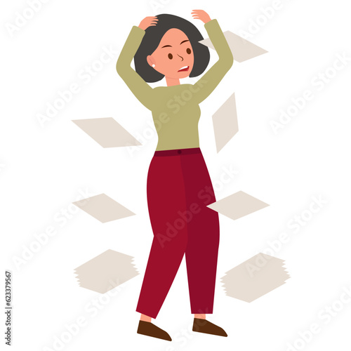 Sad young business woman overloaded with office paperwork. Tired depressed female boss sitting behind office desk among a lot of unfinished projects. Burnout concept. Vector illustration