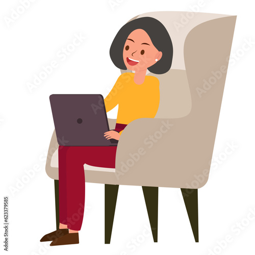 woman work at home with her tablet and laptop. Confident happy black female entrepreneur holds a laptop and uses it for planning or online meeting. Vector illustration isolated on white