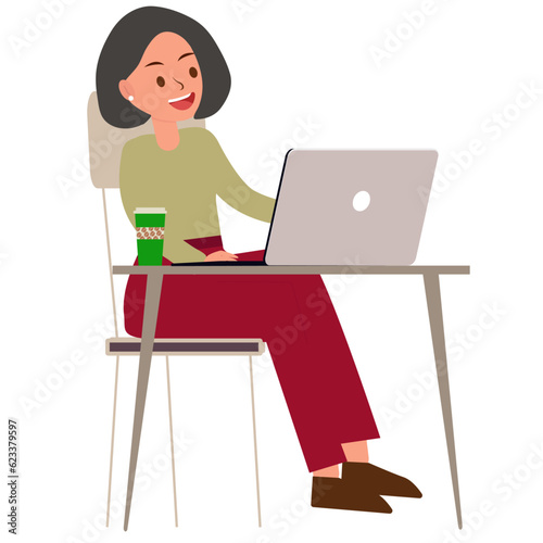 young Woman chatting on a smartphone sitting at the cafe table. Happy freelancer or office female working remotely use a laptop. African girl looking at the phone, drinking coffee at the workplace