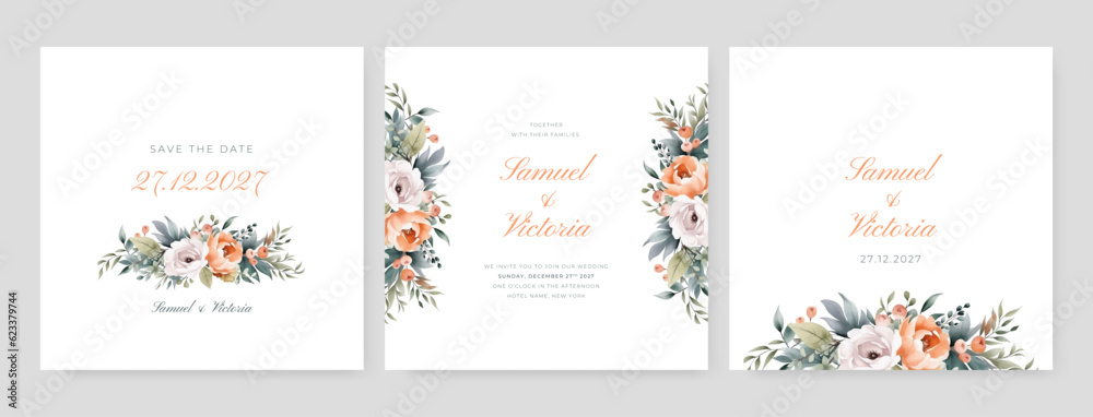 Clear hand drawn floral wedding invitation card template