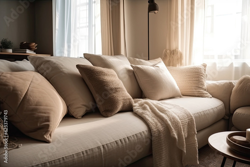 Close up light beige fabric sofa with warm cozy home interior. Pillows on beige sofa room decoration background, created with Generative AI