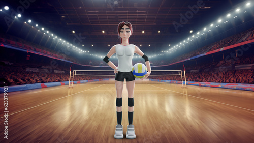 3d rendering. Female volleyball player standing with the volleyball , Sport arena interior and professional volleyball court and crowd of fans around. © SalineeChot
