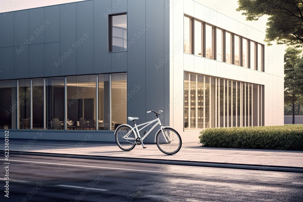 Modern electric white bicycle in front of the modern office glass building on sunny autumn day Modern electric white bicycle in front of the modern office glass building on sunny autumn day