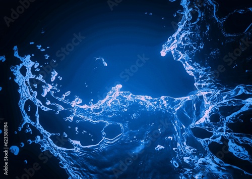 Fototapeta Naklejka Na Ścianę i Meble -  黒背景に飛び散る抽象的な青い水しぶきの3dイラスト
