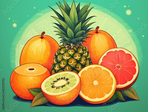 retro illustration of tropical fruits created by generative AI