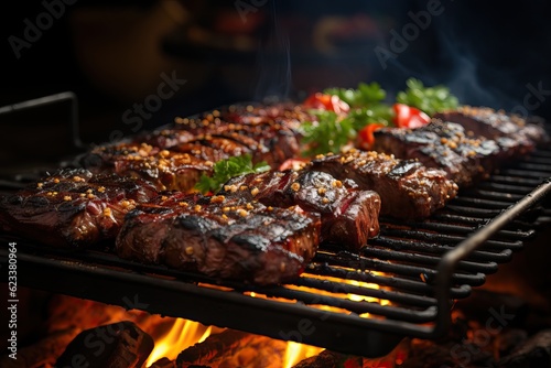 plusieurs steaks cuisant sur un grill au-dessus d'une flamme ouverte. Les steaks sont joliment grillés, suggérant une cuisson à la saisie. On y trouve également des herbes vertes, ia générative