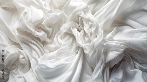 Closeup of rippled white silk fabric texture background, studio shot. Generative AI.