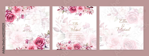 Beautiful wedding invitation template with pink flowers and leaves