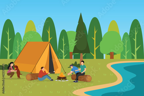 Happy family with pet camping together in nature 2d vector illustration concept for banner, website, illustration, landing page, flyer, etc.