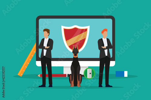 Bodyguards in uniform with dog guiding a monitor 2d vector illustration concept for banner, website, illustration, landing page, flyer, etc.