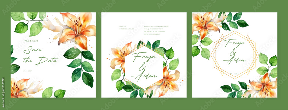 Modern beautiful wedding invitation template with flowers and leaves