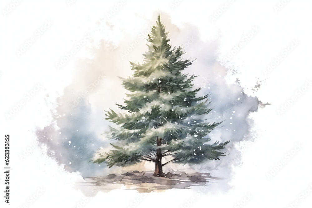 Fototapeta premium Watercolor snowy pine tree on white background Generative AI