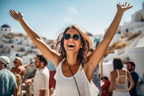 Euphoric Summer Woman Dancing Freely with Arms Up: Happy Vacation in Greece © Filippo Carlot