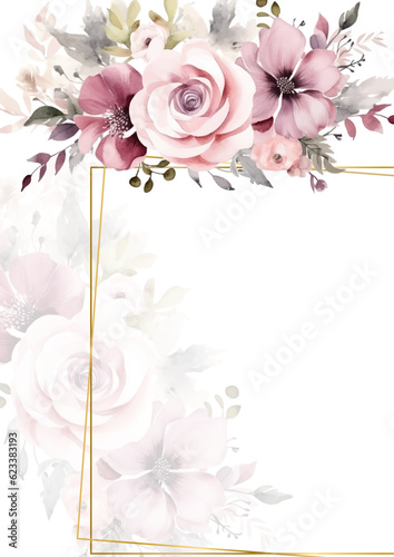 Watercolor wedding invitation card template with pink and purple floral and leaves decoration