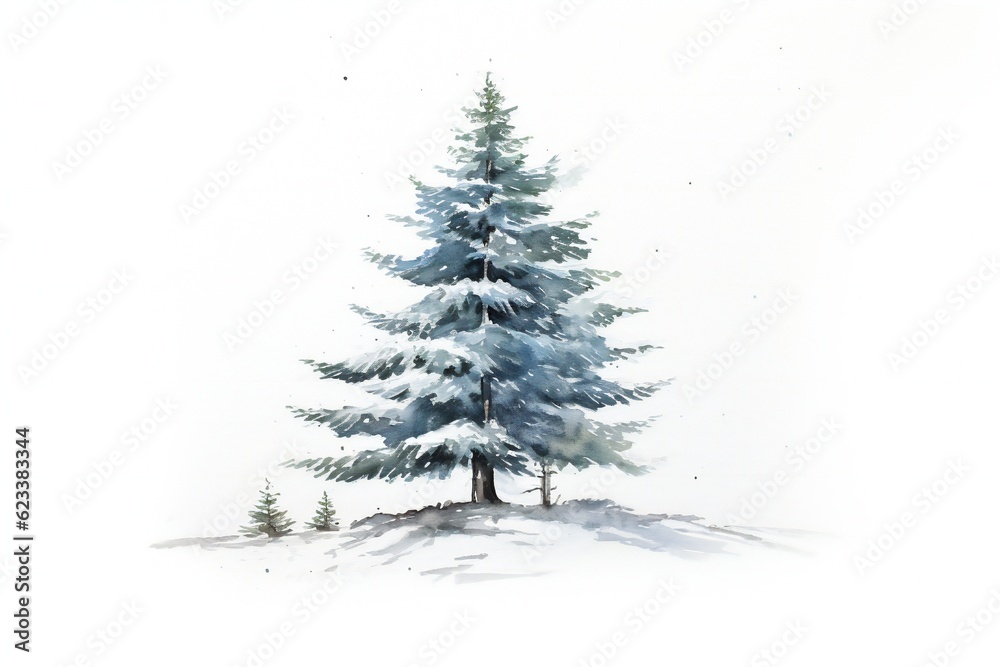 Fototapeta premium Watercolor snowy pine tree on white background Generative AI