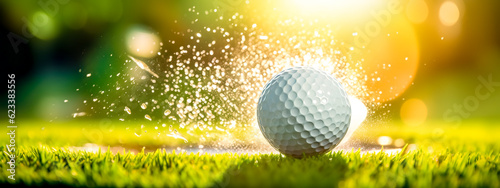 white golf ball hitting the green lawn causes a splash of water drops, sunset, banner made with Generative AI