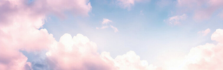 Beautiful background image of a romantic blue sky with soft fluffy pink clouds. Panoramic natural view of a dreamy sky.