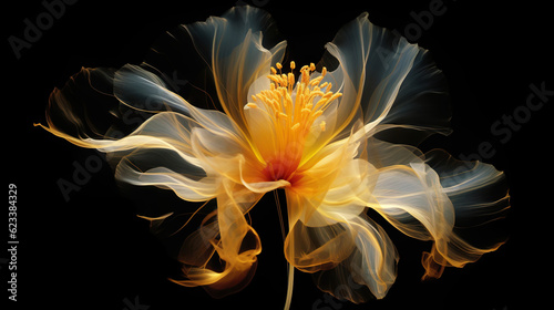 Golden x-ray image of a ethereal flower on black. Fantasy mystical blossom. Generative AI