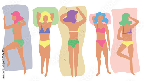 Isolated set of vector  hand drawn female silhouette in bikini. Summer print. Sketch girl in swimsuit, woman sunbathing on the beach, pool. Vector cartoon simple style illustration. Sea Doodle pattern