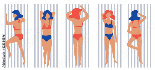 Isolated set of vector  hand drawn female silhouette in bikini. Summer print. Sketch girl in swimsuit, woman sunbathing on the beach, pool. Vector cartoon simple style illustration. Sea Doodle pattern