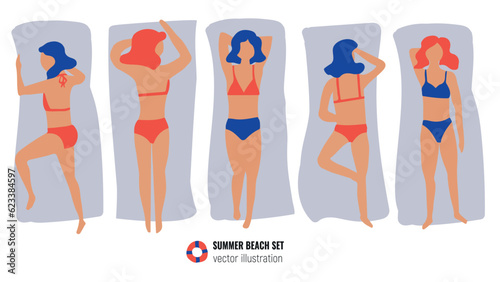 Isolated set of vector  hand drawn female silhouette in bikini. Summer print. Sketch girl in swimsuit, woman sunbathing on the beach, pool. Vector cartoon simple style illustration. Sea Doodle pattern