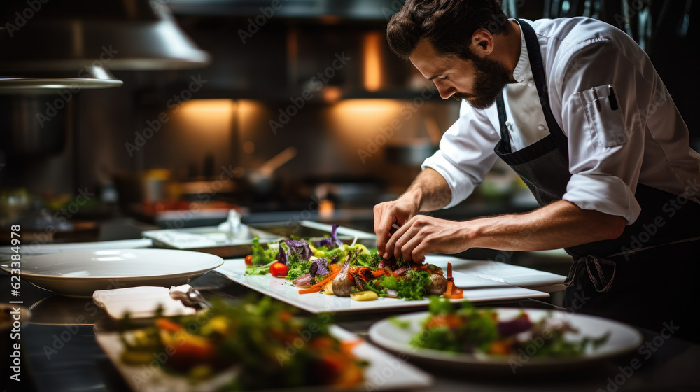 Cook man neatly decorates the dish. young professional chef adding some piquancy to meal. in modern kitchen, at work in uniform Cook man neatly decorates the dish. young professional chef adding some piquancy to meal. in modern kitchen, at work in uniform