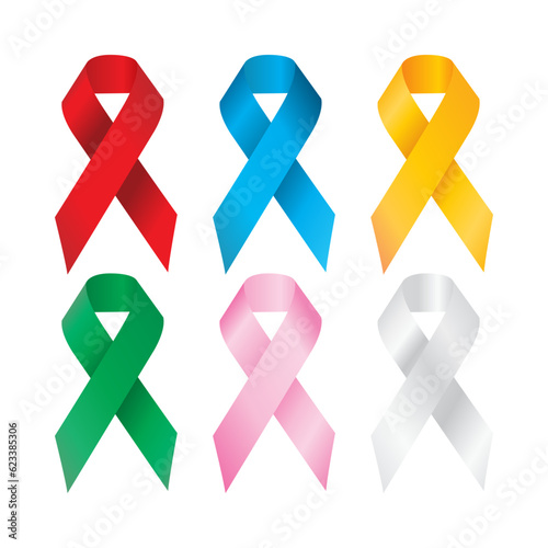 Awareness ribbons set on a white background. Vector illustration.