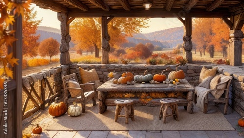 Veranda with wooden furniture and ripe pumpkins on country farm in the country style in autumn. Generative AI