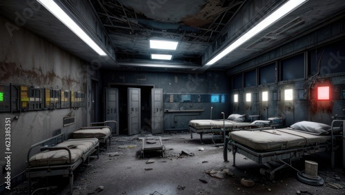 Hospital inside an abandoned base  with empty beds and old medical equipment along cracked walls. Generative AI