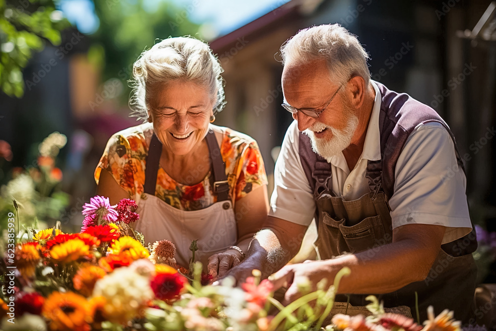 A happy retired couple grows flowers in their backyard. Generative AI A happy retired couple grows flowers in their backyard. Generative AI