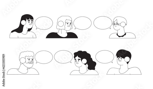 Set of business people, employees or office worker for social media, ui, web avatars or icons. Diverse character portrait with speech bubbles collection in minimalistic black and white line style.