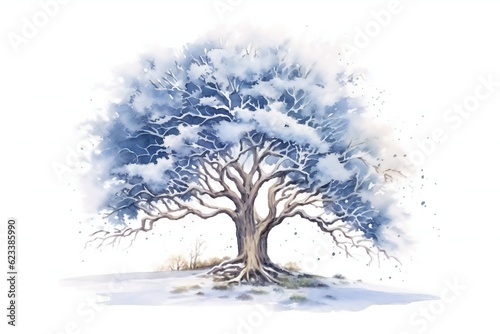 Watercolor snowy tree on white background Generative AI © LayerAce.com