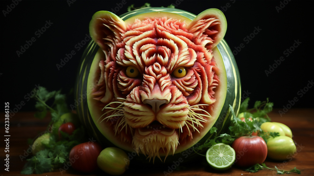  Fruit and Vegetable carvings, Watermelon carving detail of tiger head, Display decoration for Hotel or Restaurant menu design,Generative Ai