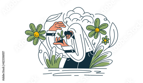 Man planting gardens flowers, agriculture gardener hobby and garden job. Gardening person, gardener flowers. Flat vector illustration isolated on white background