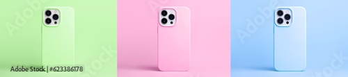 collage and set of three colorful phone case mock up, green, pink and blue isolated on monochrome colours background, iPhone 15 pro back side view in cover