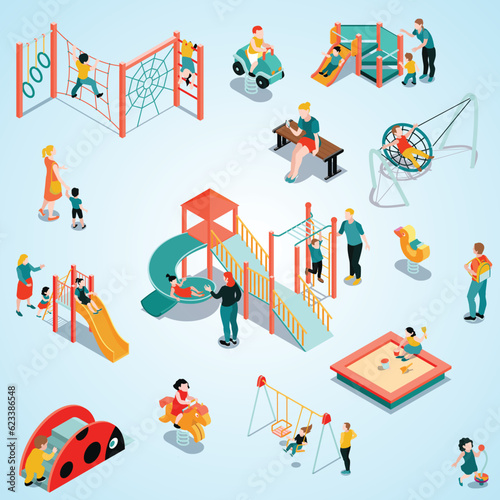 isometric playground color set with isolated play equipment with children parents