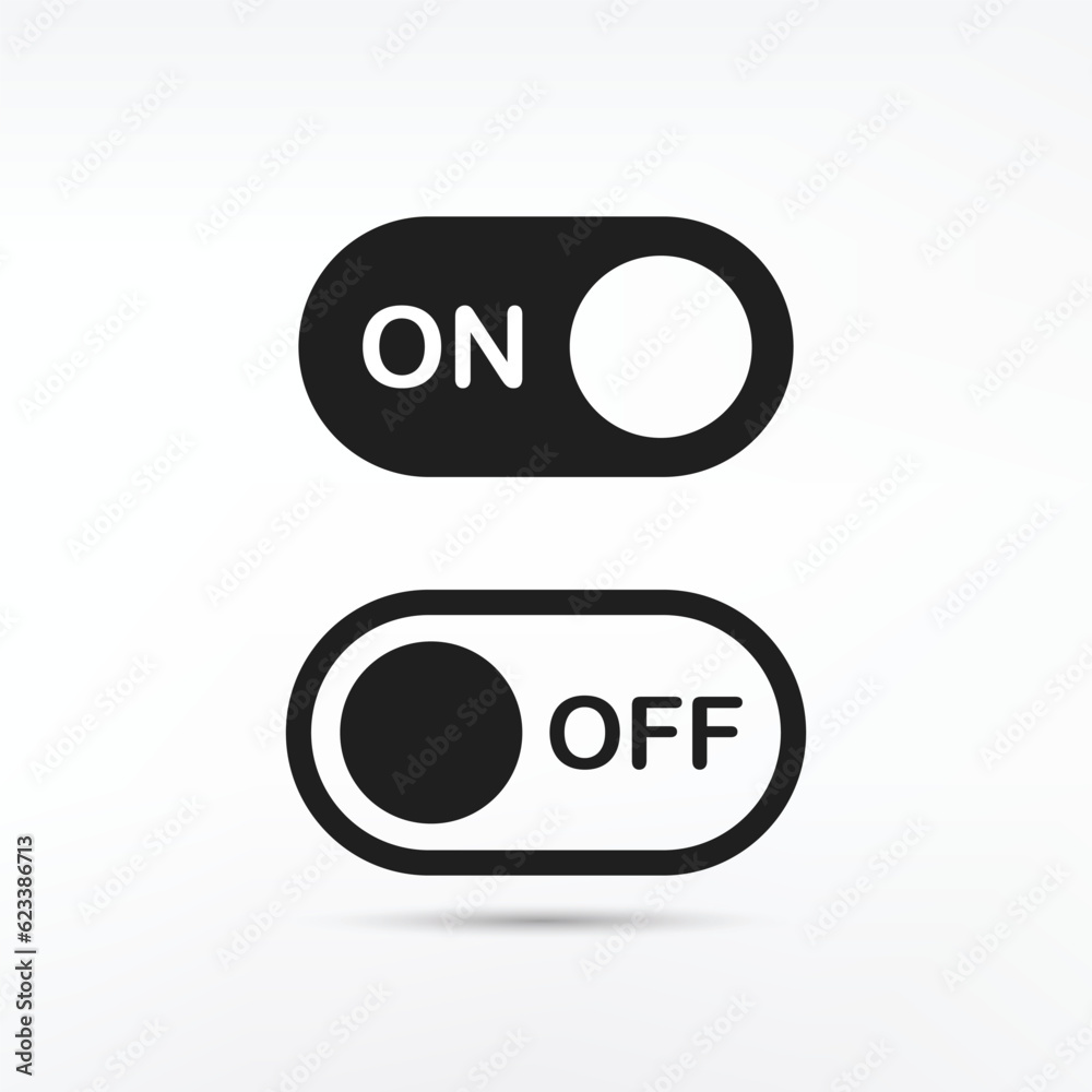 On and Off toggle switch buttons. Black and white switch buttons set On and Off toggle switch buttons. Black and white switch buttons set
