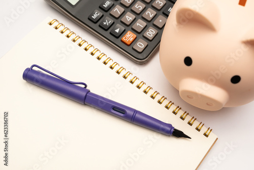 Piggy bank with calculator and notebooks on white background and copy space, financial goal concept.